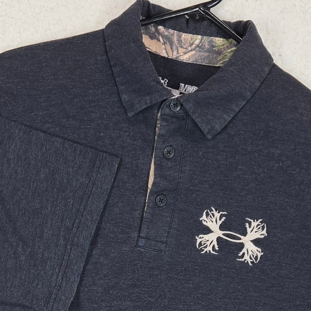 Under Armour Mens Polo Shirt XL Antler Camo HeatGear Loose Fit Gray Hunting Tee